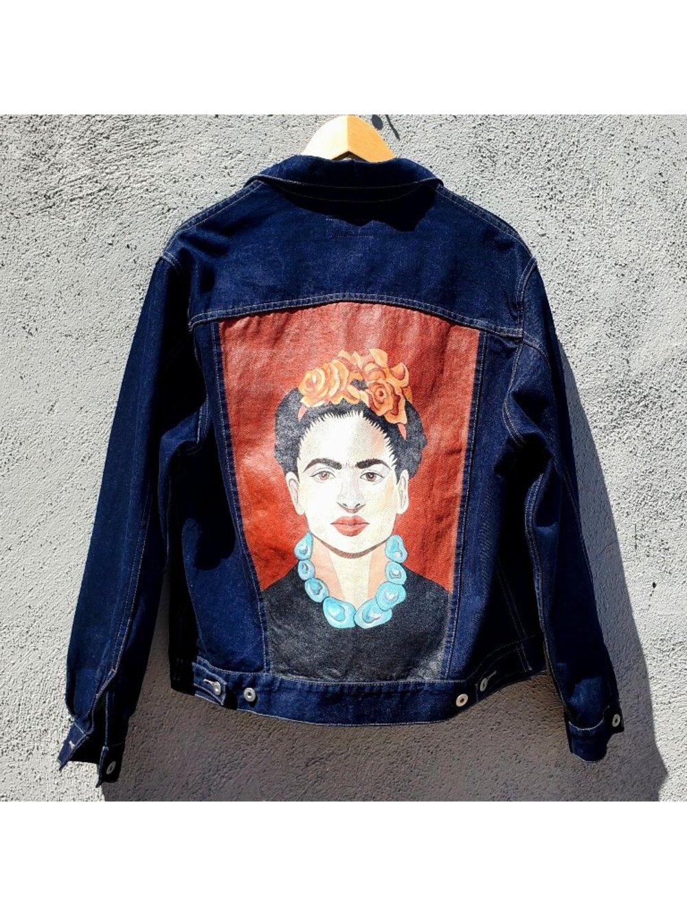 Frida Kahlo Y2K Portrait Denim Trucker Jacket Hand Painted Women L XL / Men M